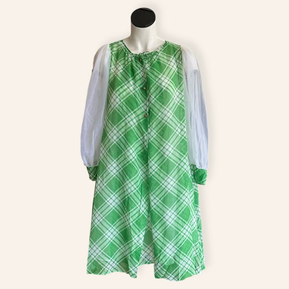 1960's lingerie Set Nightie Set Robe & Gown, Green + White Women's Medium
